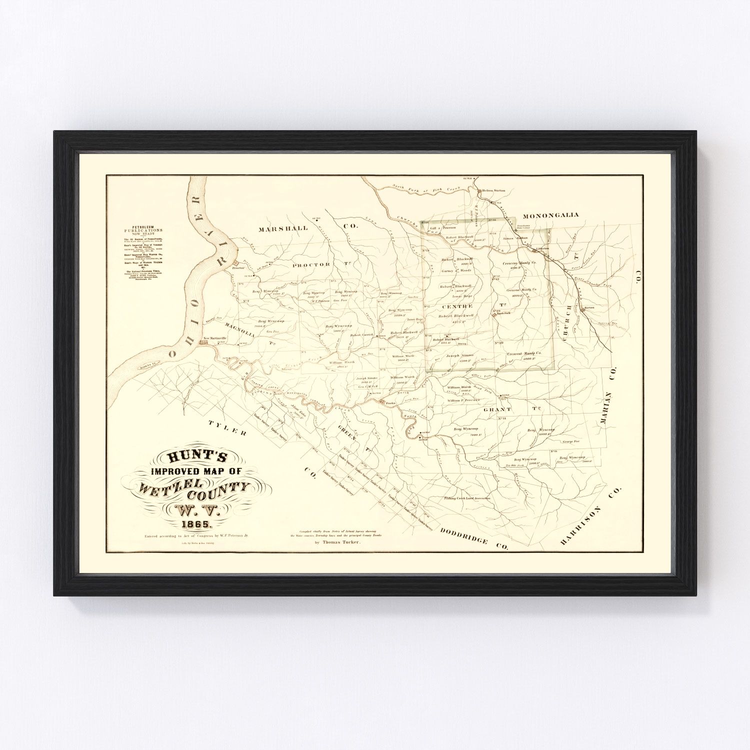 Vintage map of Wetzel County, West Virginia, 1865, Civil War era hills and creeks