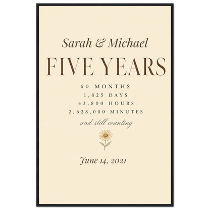 Personalized 5 Year Anniversary Print - 60x90 cm / 24x36″ / Museum-Quality Matte Paper Wooden Framed Poster - Black frame - Sparkycare