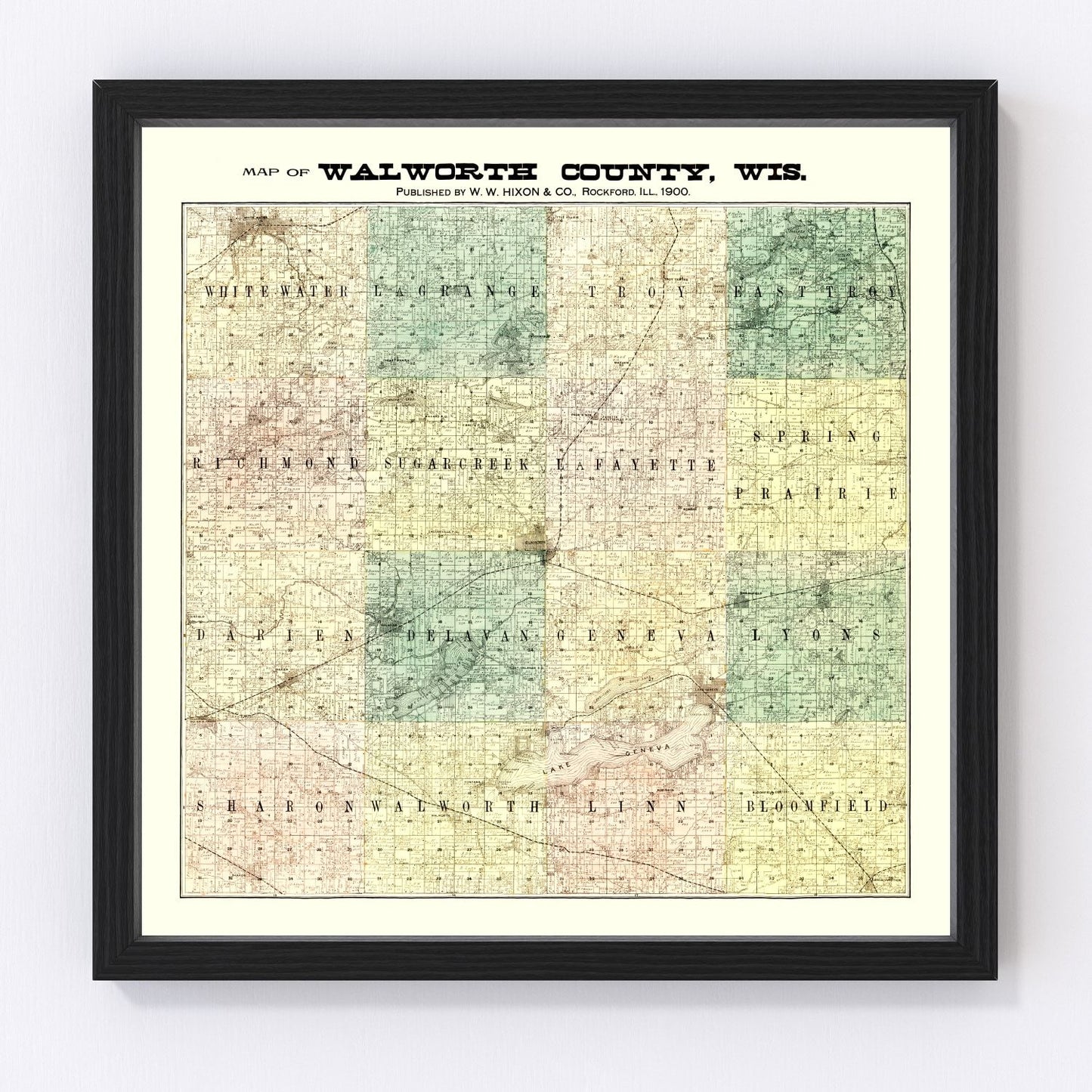 Vintage map of Walworth County, Wisconsin, 1900, Elkhorn and Delavan