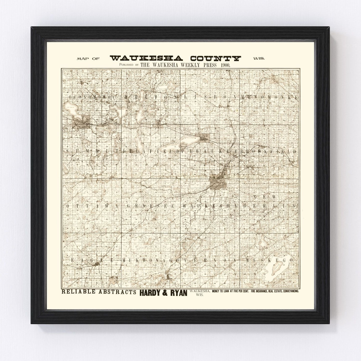 Vintage map of Waukesha County, Wisconsin, 1873, early settlement rail and farmsteads