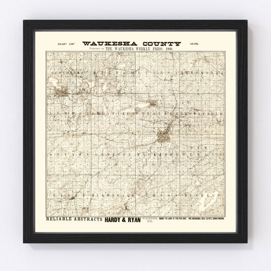 Vintage map of Waukesha County, Wisconsin, 1873, early settlement rail and farmsteads