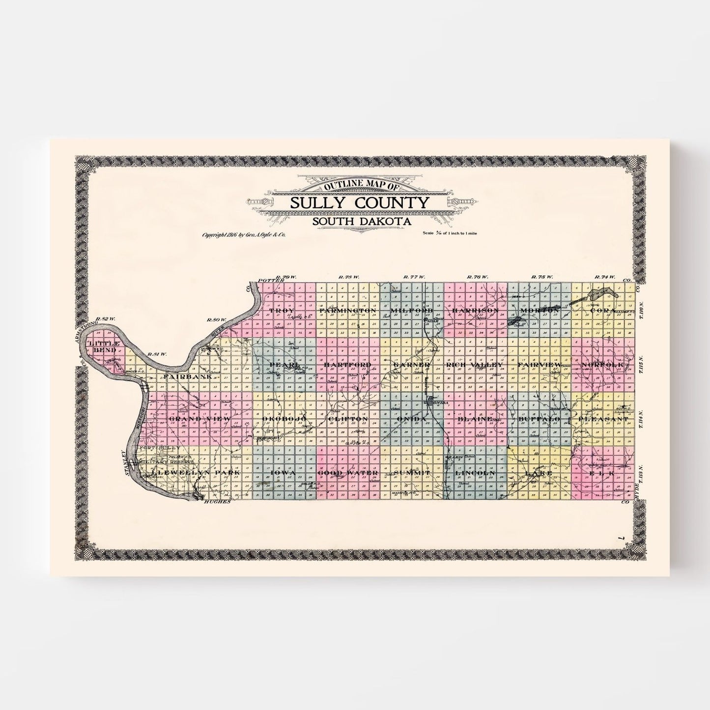 Vintage Map of Sully County, South Dakota, 1916