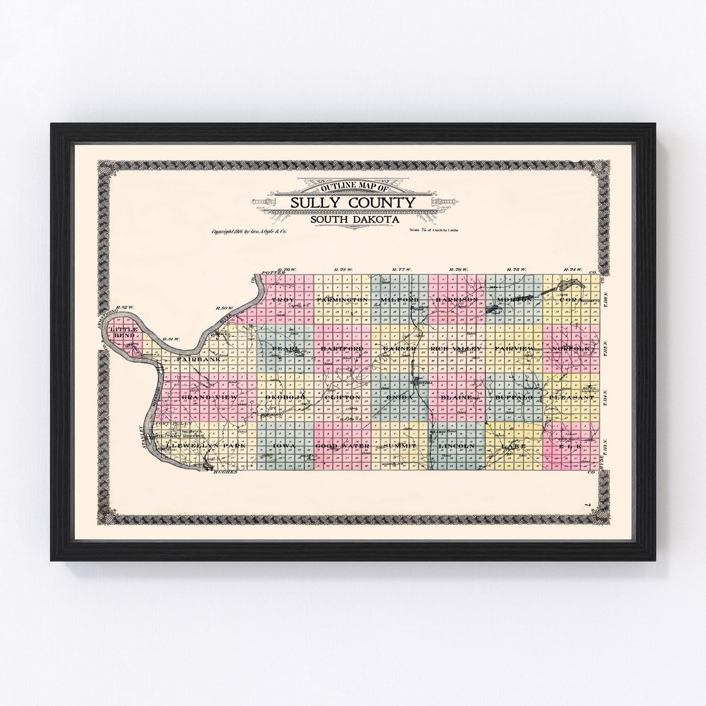 Vintage map of Sully County, South Dakota, 1916