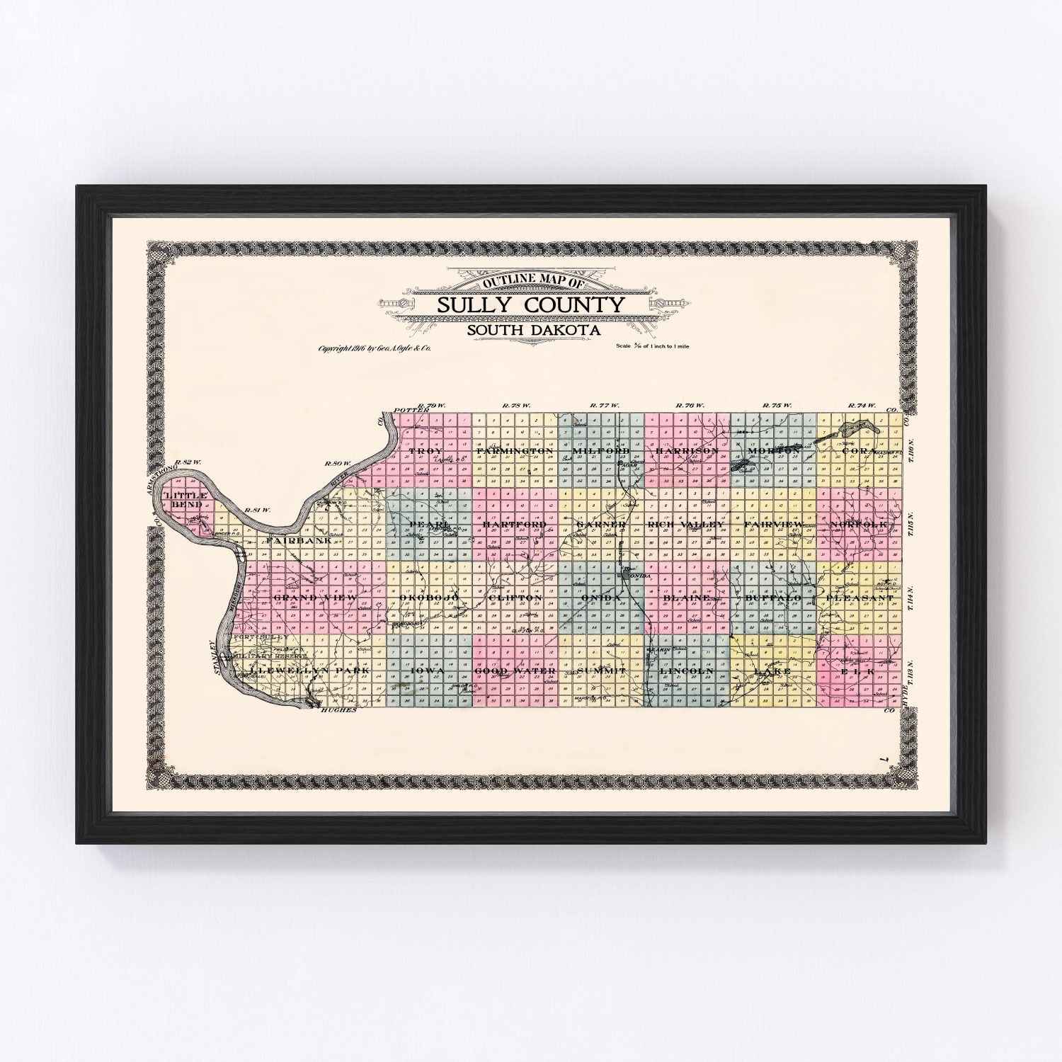 Vintage map of Sully County, South Dakota, 1916