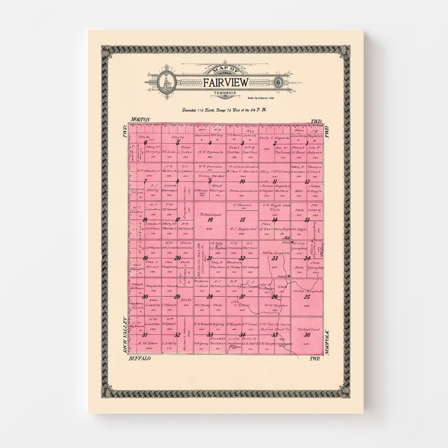 Vintage Map of Fairview Township, Sully County, SD, 1916