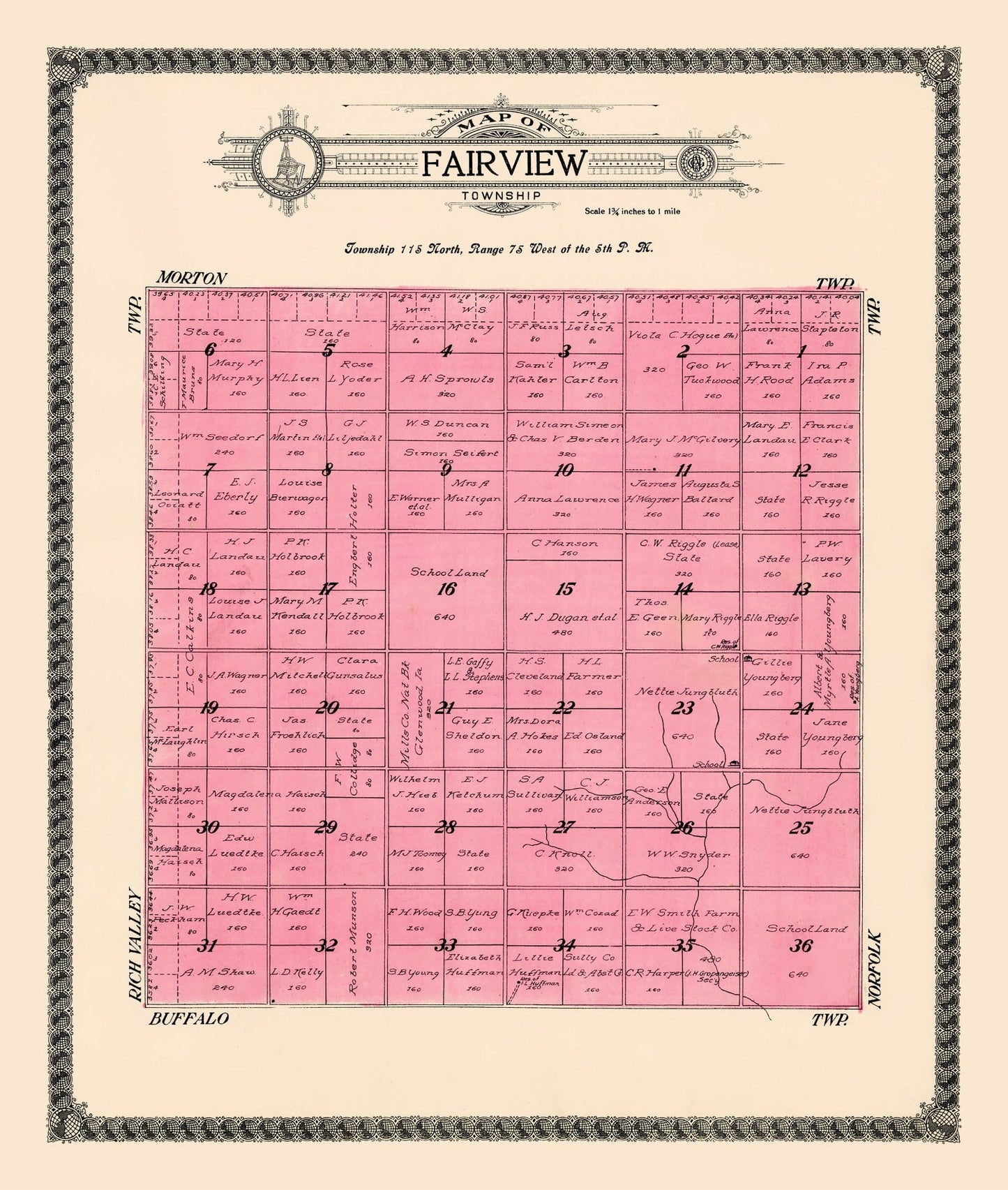 Vintage Map of Fairview Township, Sully County, SD, 1916