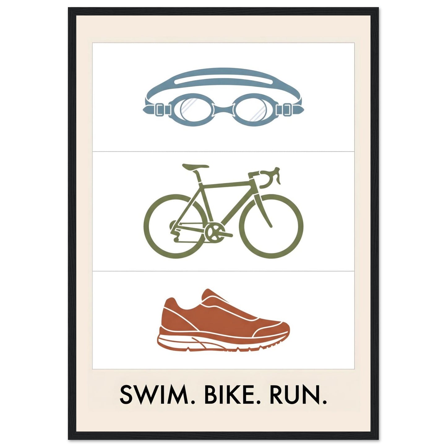 Swim Bike Run Poster: Minimalist Triathlon Icons Wall Art - A2 (42 x 59.4 cm) - Black frame / Ready-to-hang - Sparkycare