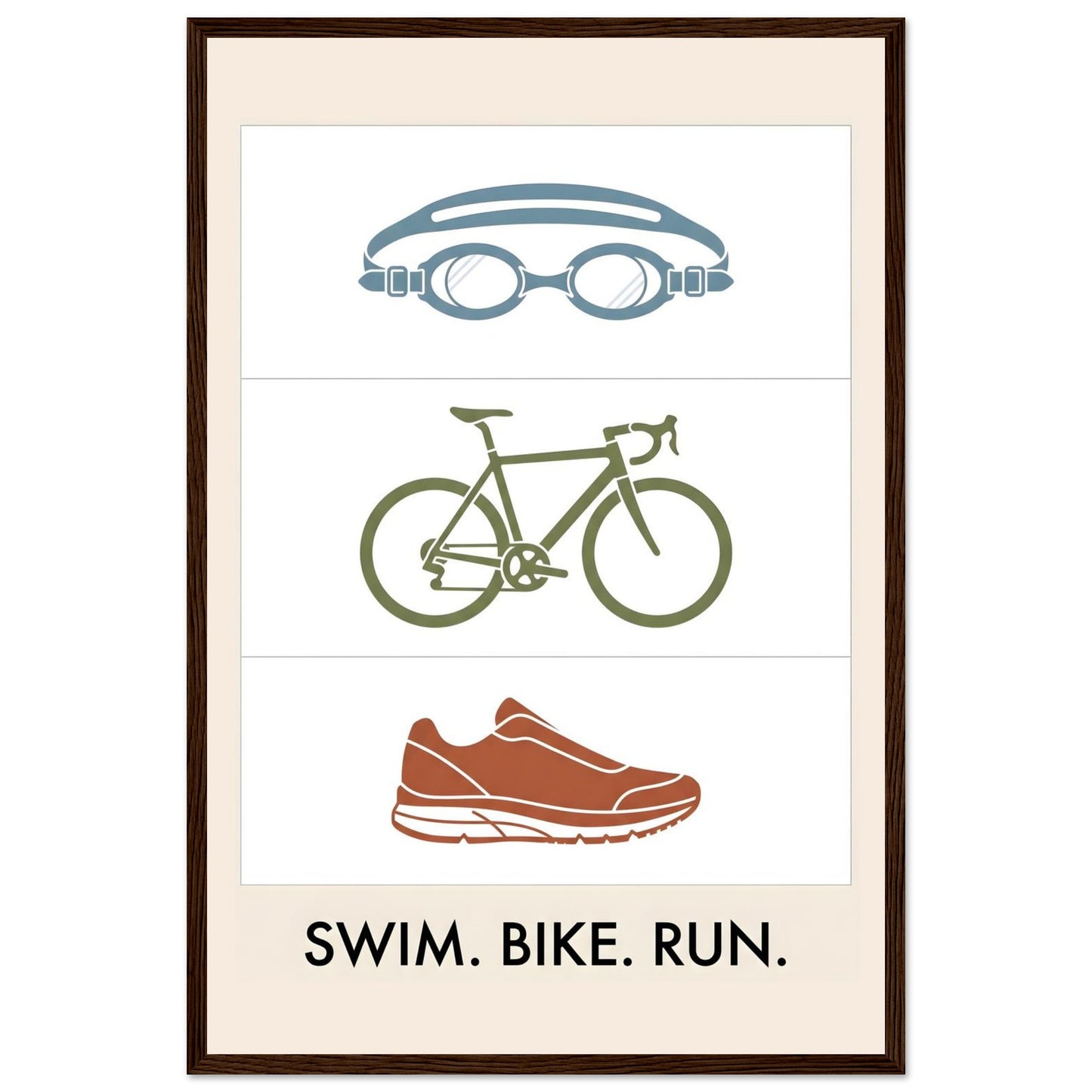 Swim Bike Run Poster: Minimalist Triathlon Icons Wall Art - 40x60 cm / 16x24″ - Dark wood frame / Ready-to-hang - Sparkycare