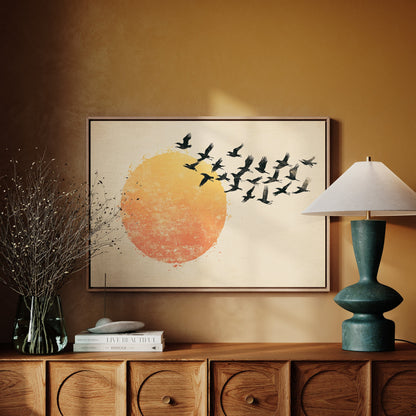 Japanese Birds and Sun Wall Art - Vintage Ink Print