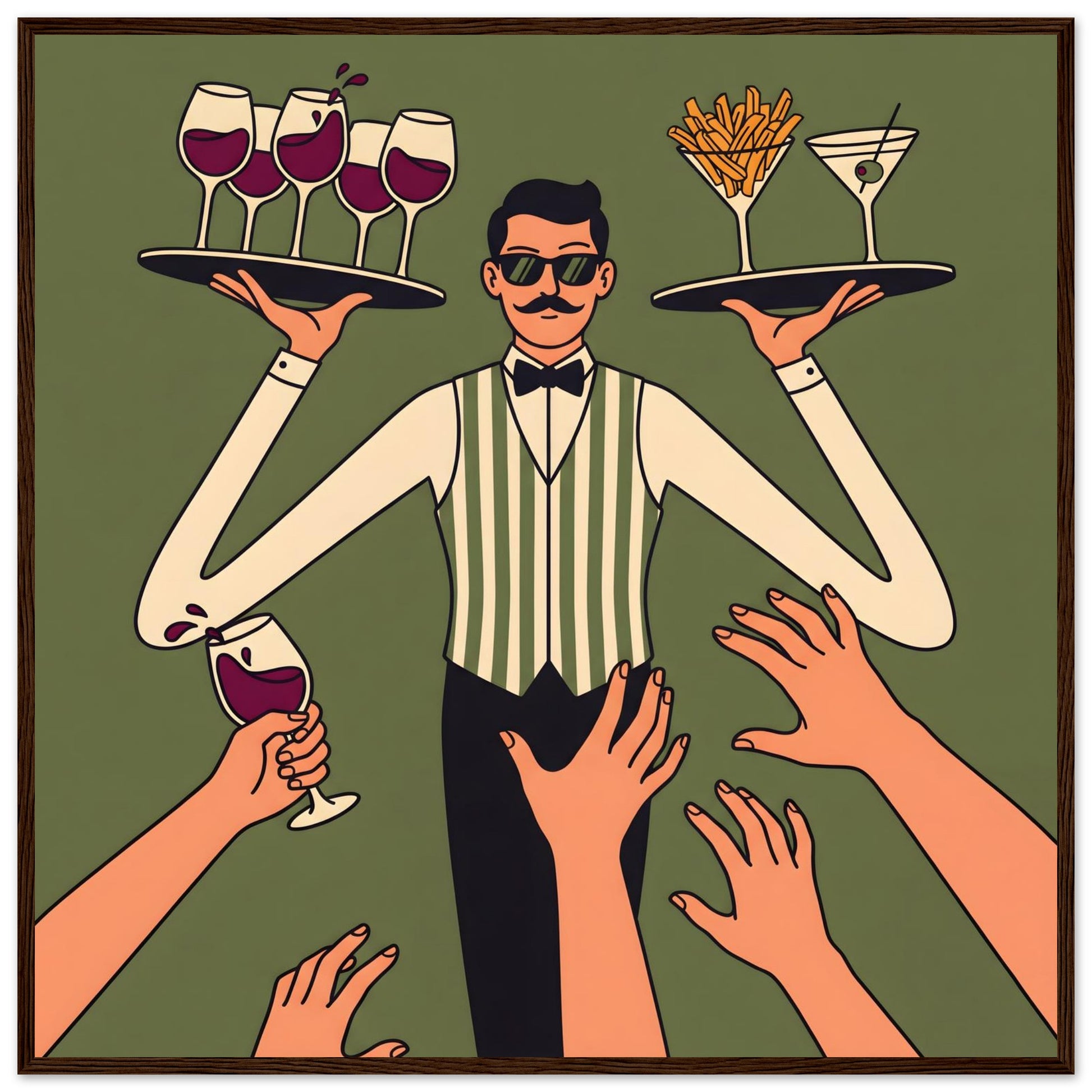 Retro Waiter Bar Art, Framed Server Wall Decor - 70x70 cm / 28x28″ - Dark wood frame / Ready-to-hang - Sparkycare