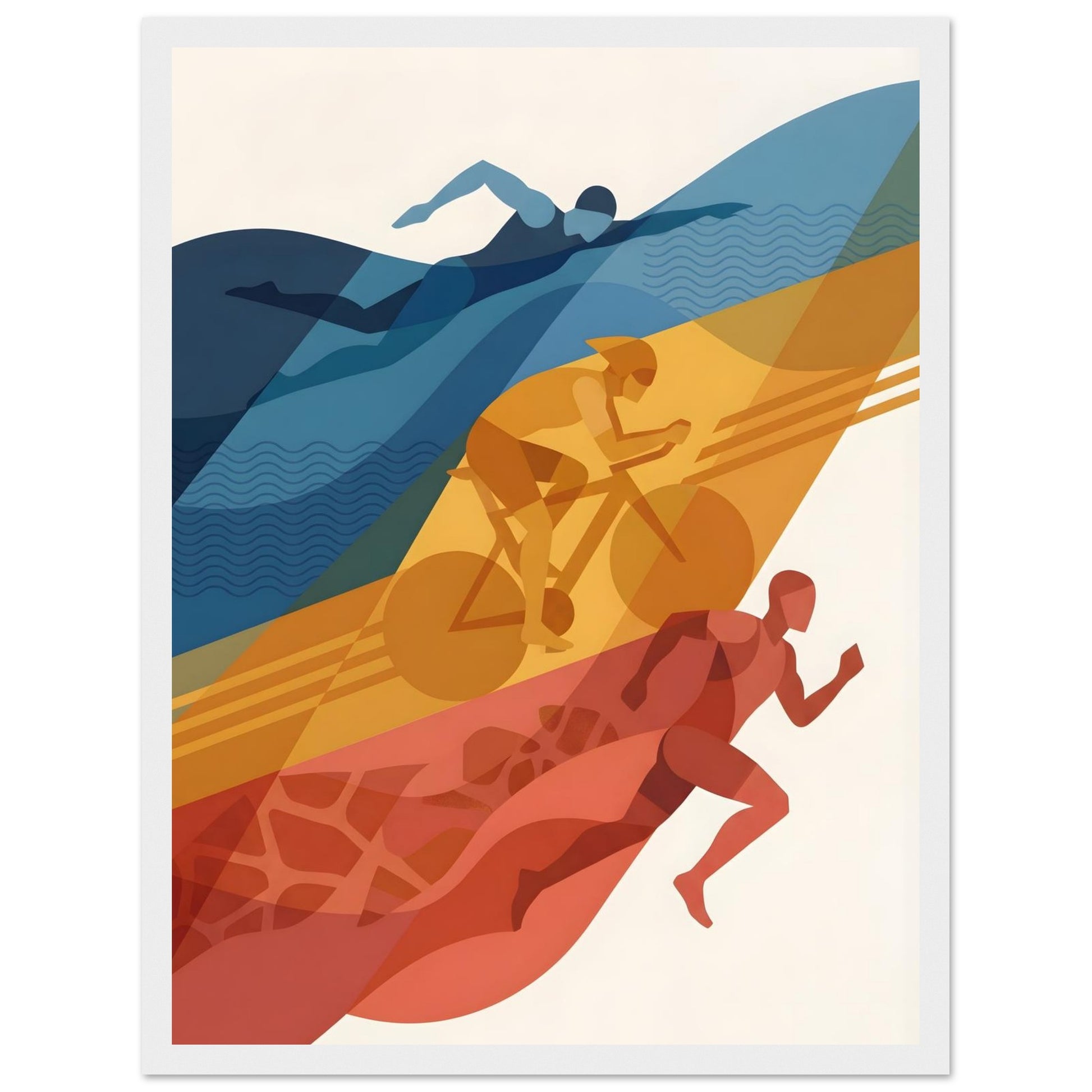 Abstract Triathlon Print: Geometric Swim Bike Run Wall Art - 30x40 cm / 12x16″ - White frame / Ready-to-hang - Sparkycare