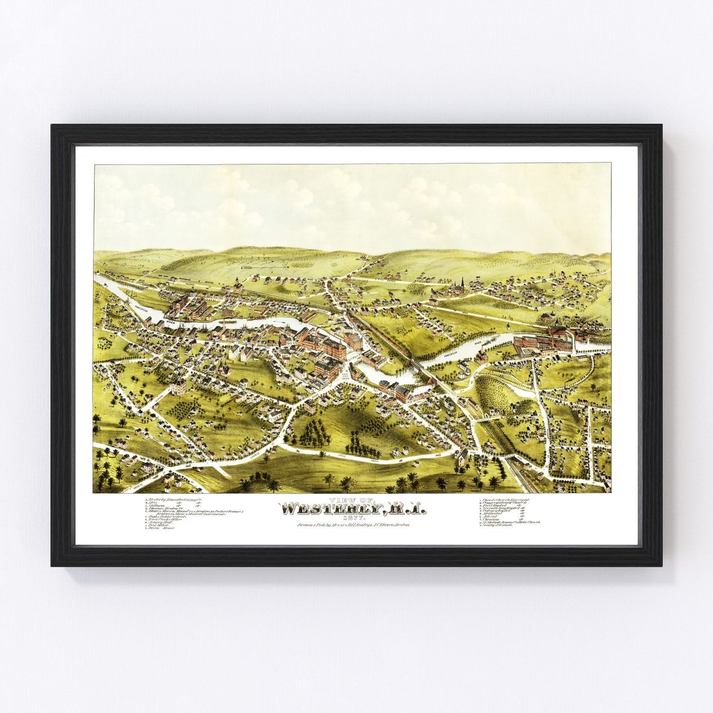 Vintage map of Westerly, Rhode Island, 1877 - coastal restored cartographic print