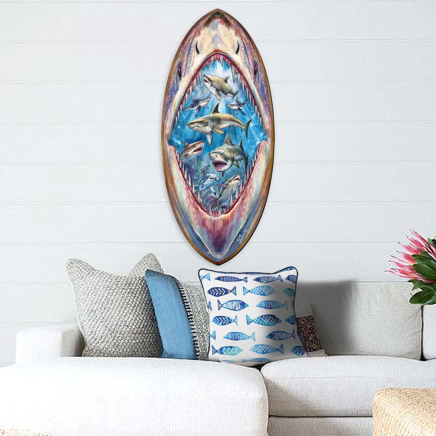 Shark Surfboard Wood Wall Art - Coastal Ocean Decor