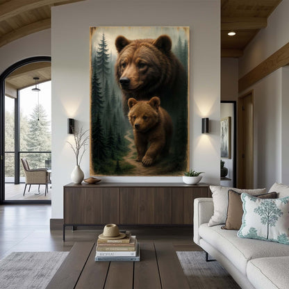 Bear and Cub in a Pine Forest canvas shown in a styled room setting, view 4