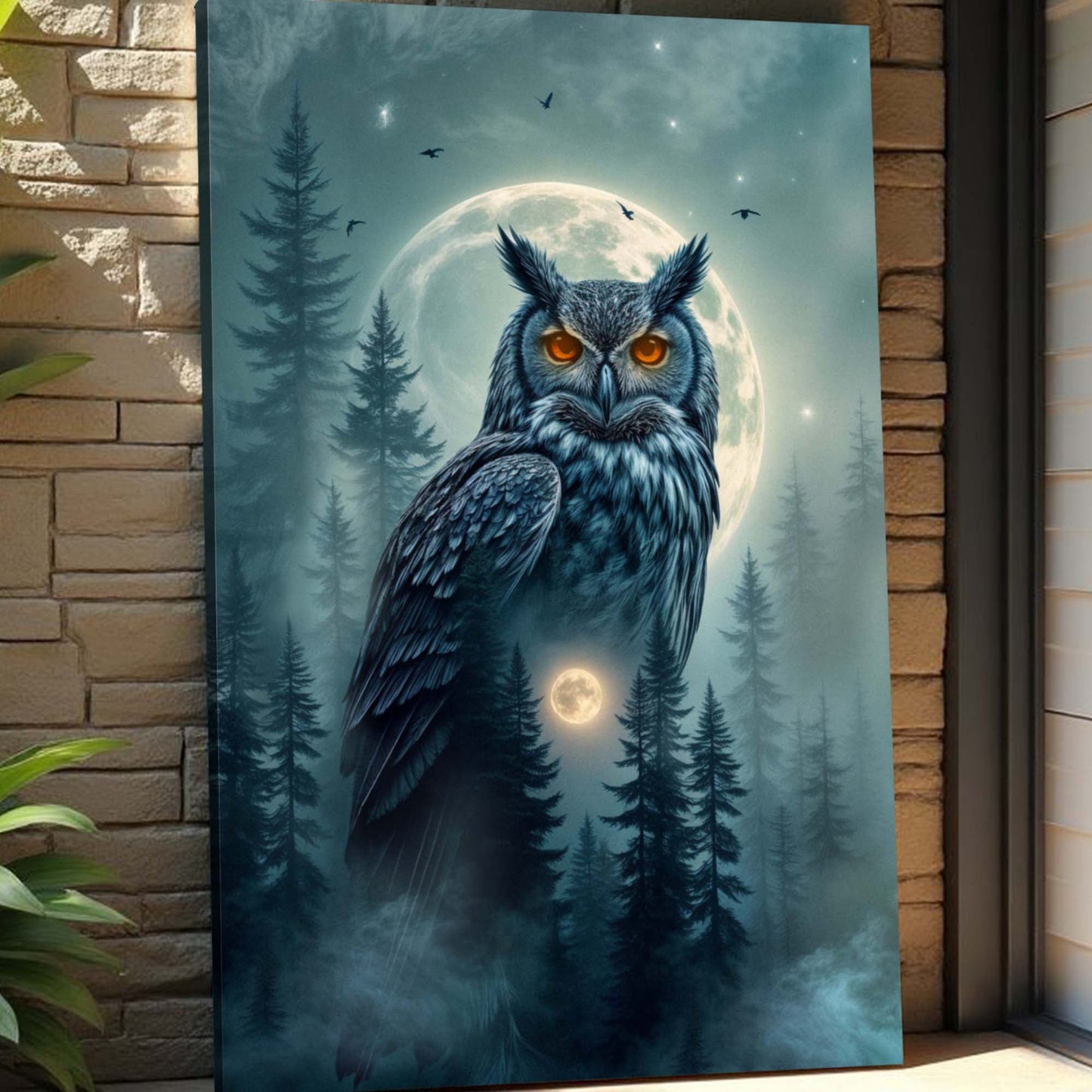 Owl double exposure canvas wall art design II with atmospheric nature overlay