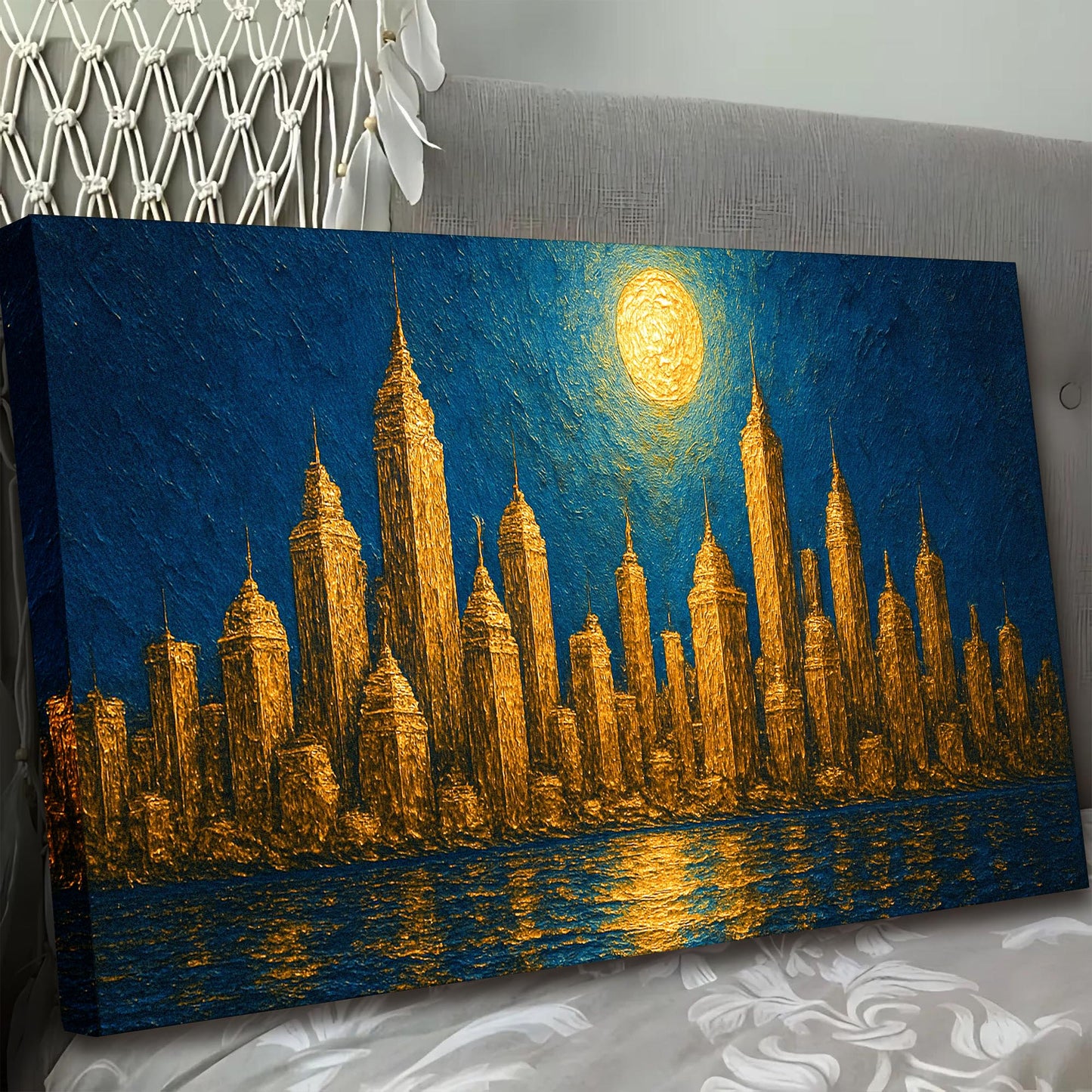 Golden Metropolis Cityscape Impasto Canvas Wall Art