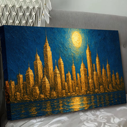 Golden Metropolis Cityscape Impasto Canvas Wall Art
