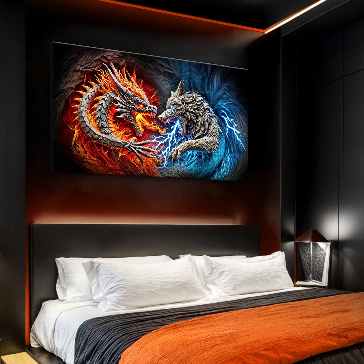 3D Dragon and Wolf Canvas Wall Art II