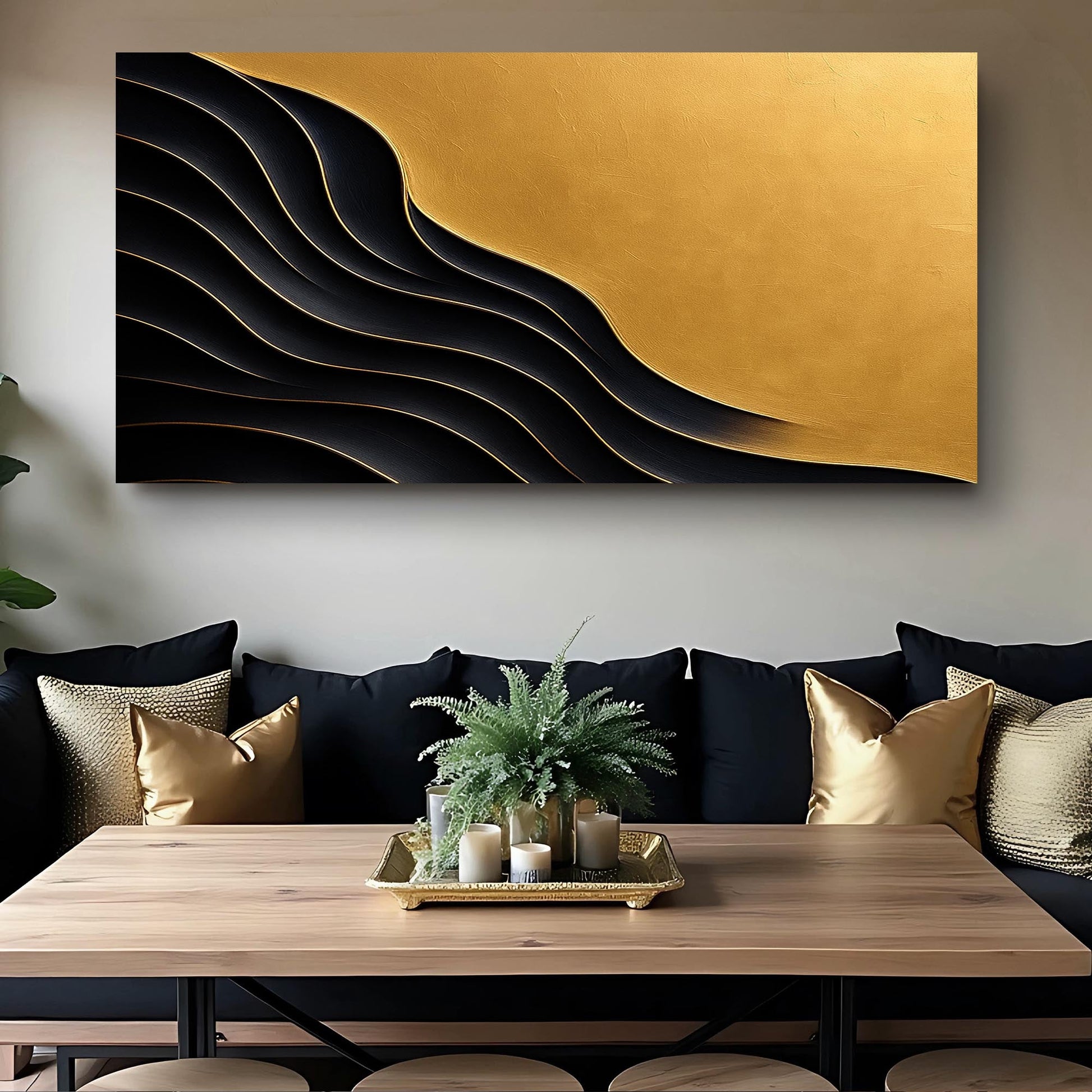 Black and gold minimalist abstract canvas wall art with geometric forms and bold contrast