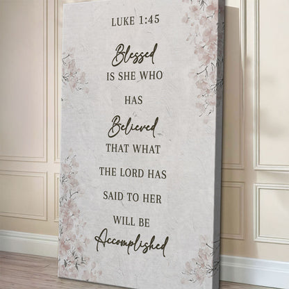 Luke 1:45 Blessed Is She Grey Linen-Look canvas shown in a styled room setting, view 5