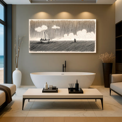 Figure Walking to the Boat Grey Sketch canvas shown in a styled room setting, view 5