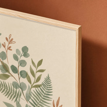 Close-up of the slim pine frame profile and glazing edge on a framed eucalyptus and fern print