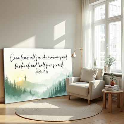 Matthew 11:28 Come to Me Misty Pines canvas shown in a styled room setting, view 5