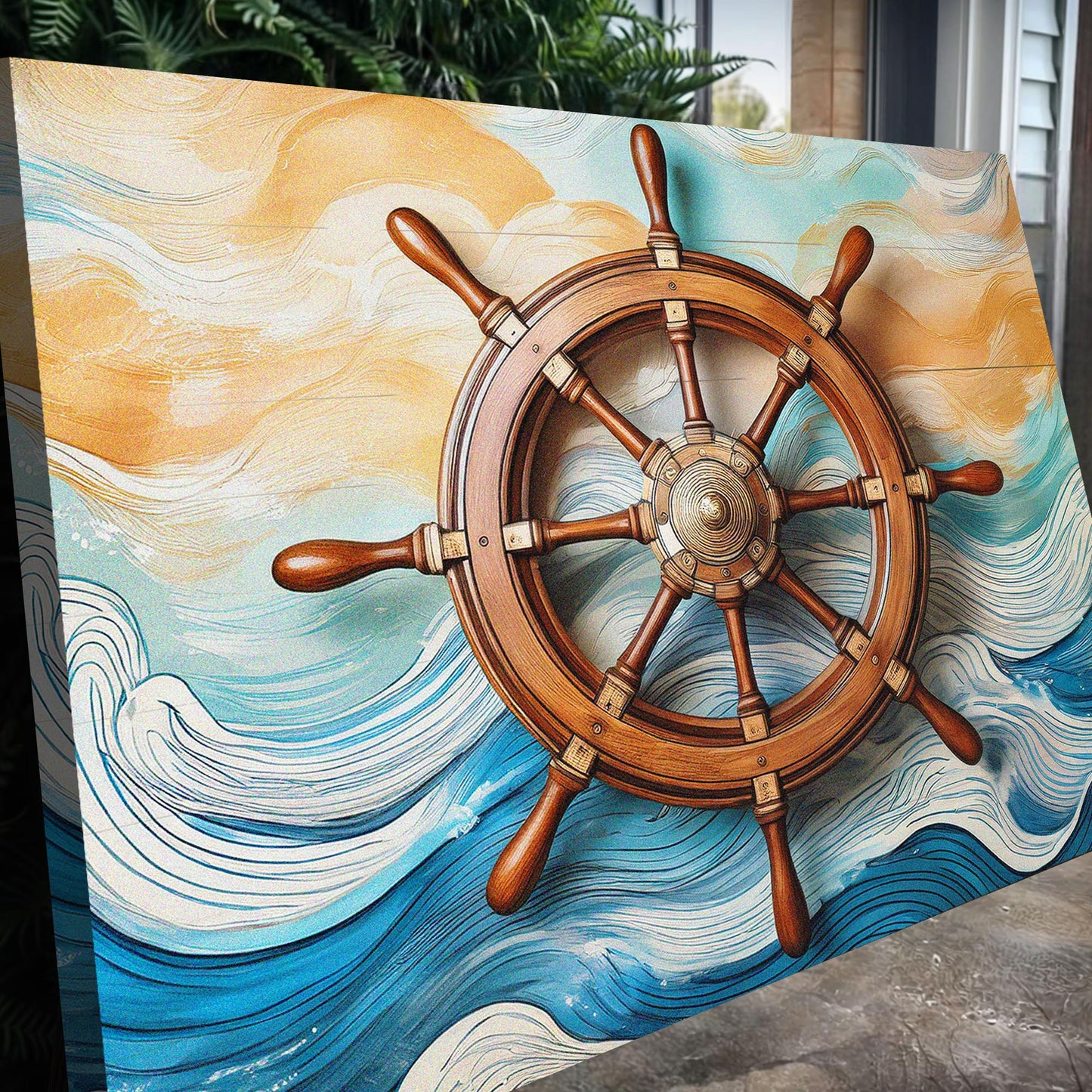 Sailboat and Ship Wheel Coastal Canvas Wall Art II