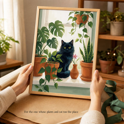 Hands holding the framed plant lover print among houseplants, shown as a gift for a cat and plant person