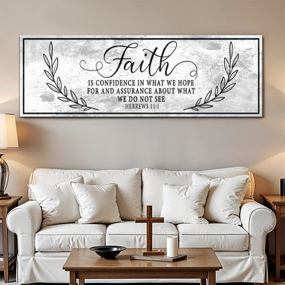 Hebrews 11:1 Faith Distressed-Look Grey Long canvas shown in a styled room setting, view 5