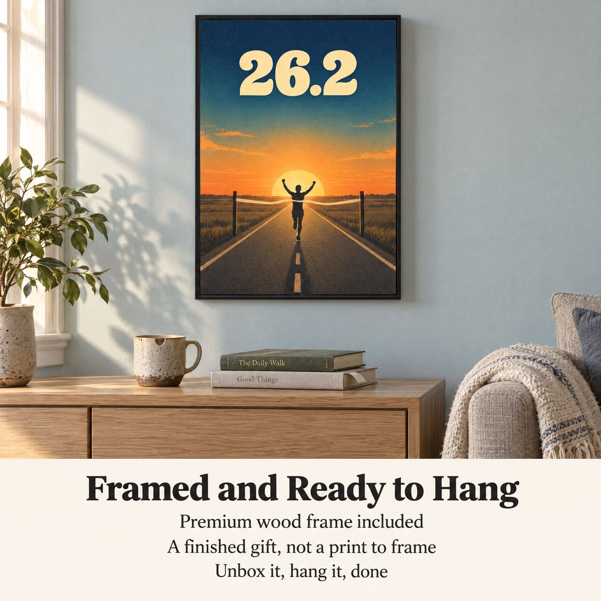 Framed and ready to hang: the 26.2 marathon print arrives in its frame with the hanging hardware already fitted