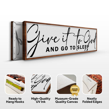 Give It to God script canvas front and side, with text: Ready to Hang Hooks, High-Quality UV Ink, Museum-Grade Quality Canvas, Neatly Folded Edges