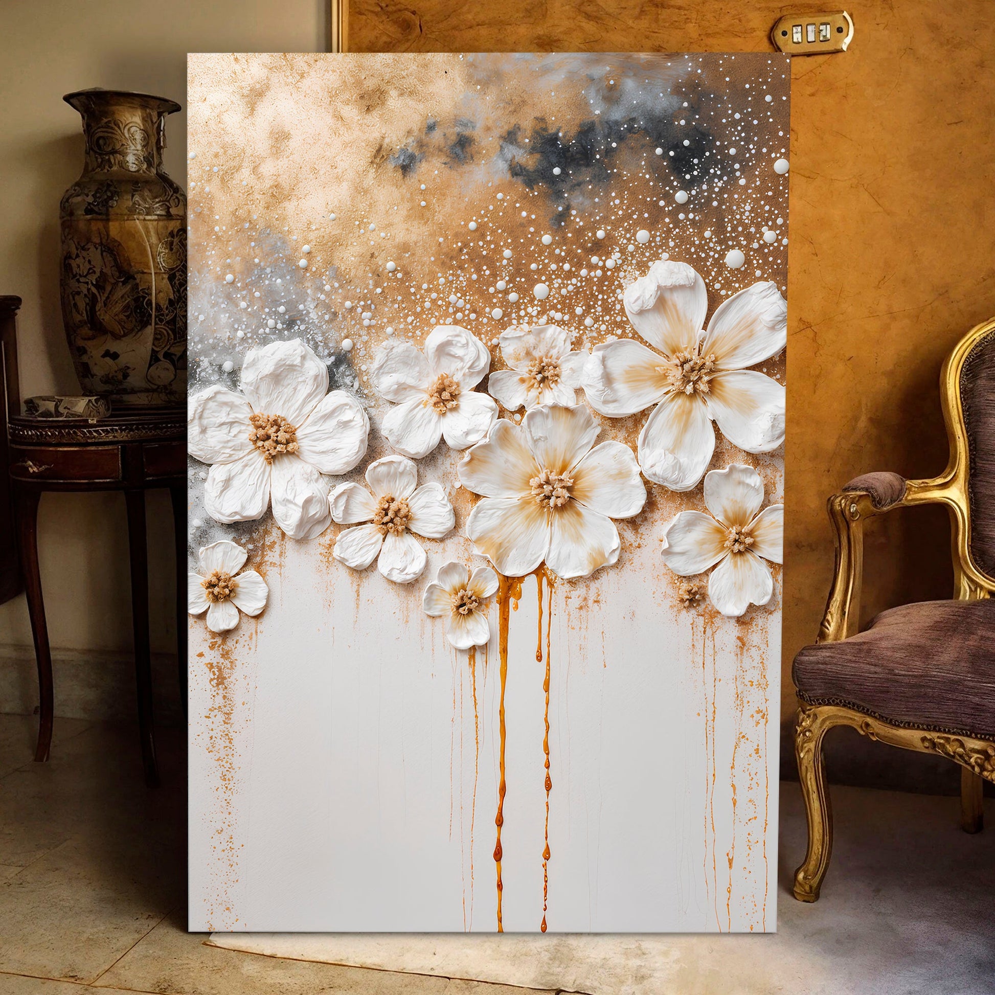 Gold floral canvas wall art with elegant botanical flowers and golden tones