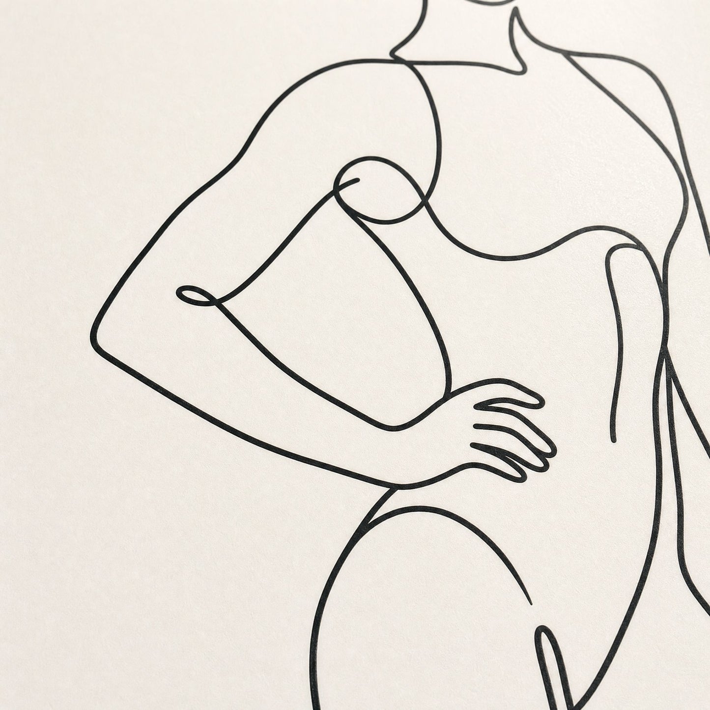 Close-up of the single line drawing, showing the figure's torso and the hand resting on her hip in one stroke