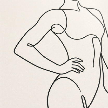 Close-up of the single line drawing, showing the figure's torso and the hand resting on her hip in one stroke