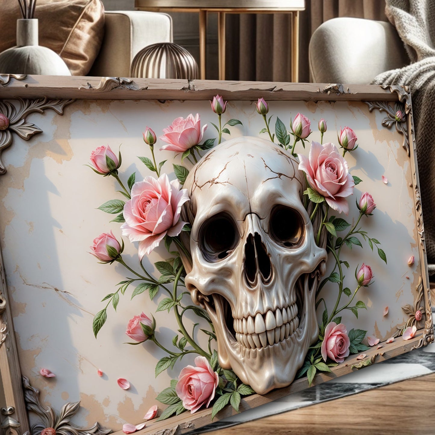 3D Rose and Skull Canvas Wall Art V