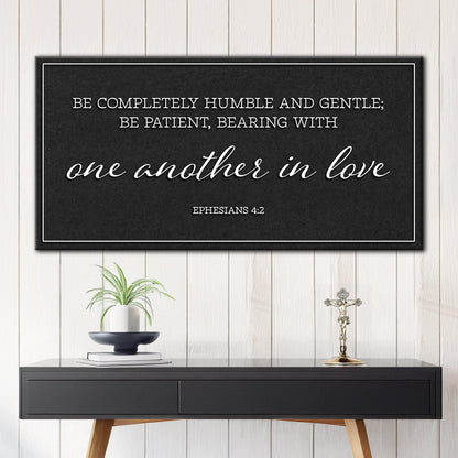 Ephesians 4:2 One Another in Love Black and Silver canvas shown in a styled room setting, view 5