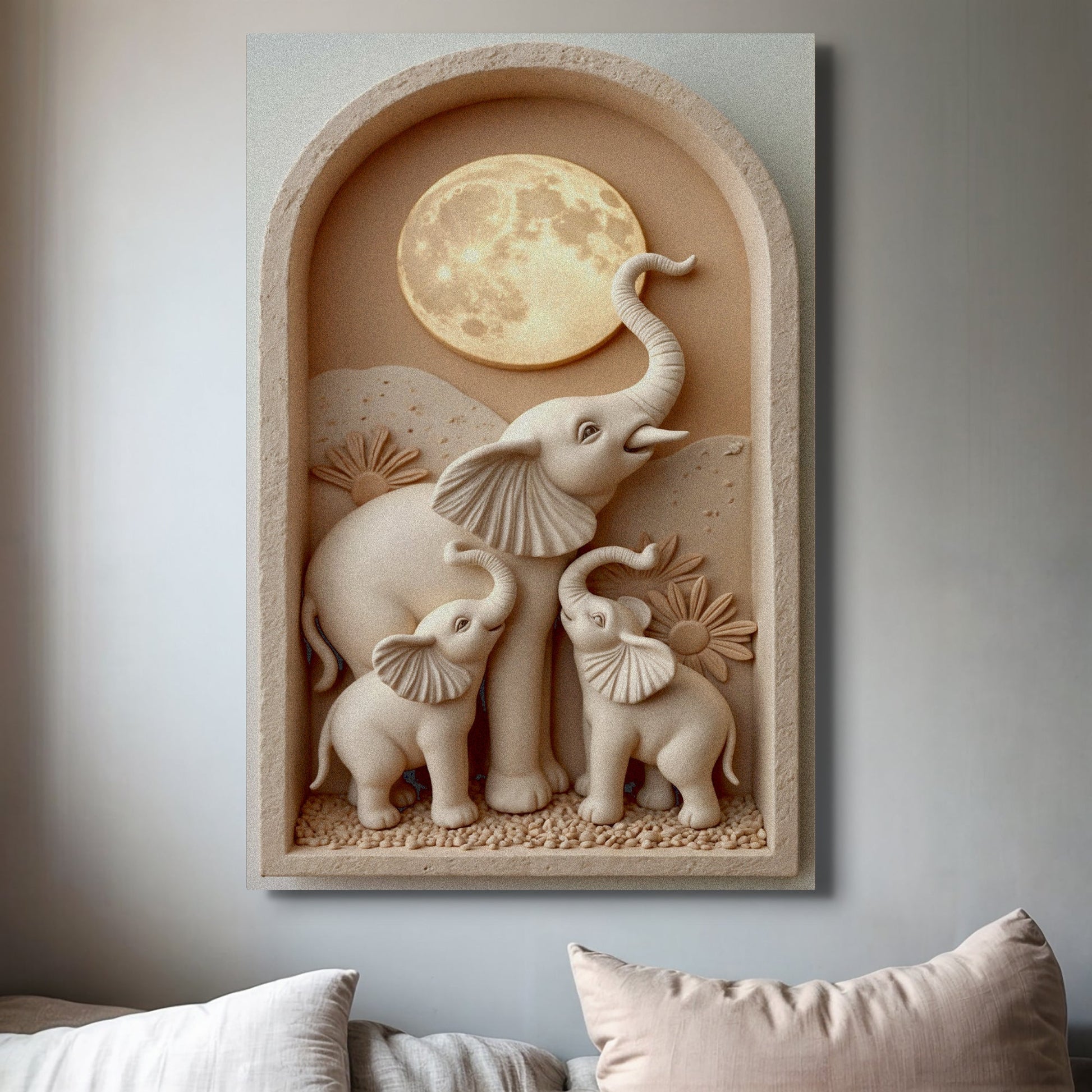 Elephant harmony canvas wall art in warm tones - peaceful wildlife art