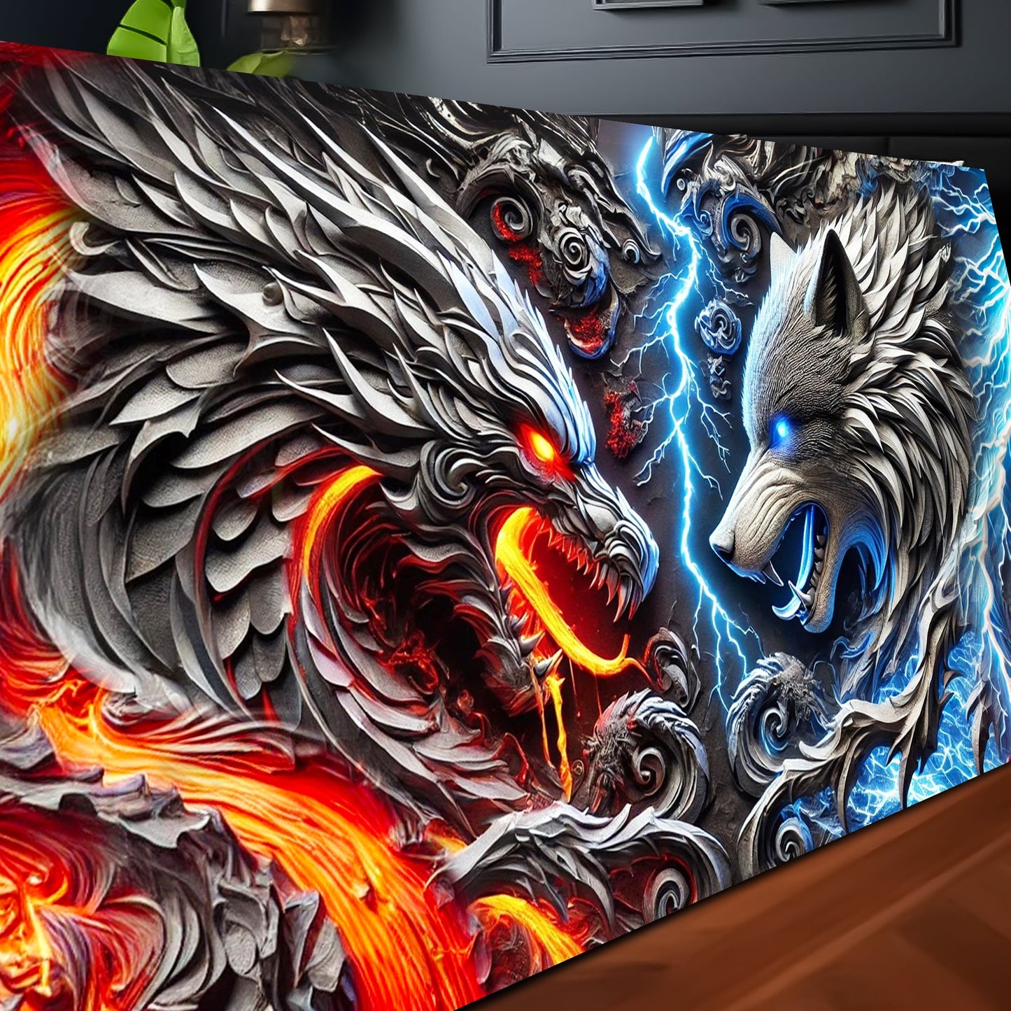 3D Dragon and Wolf Canvas Wall Art IV