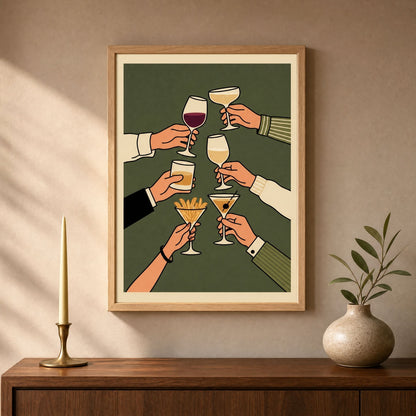 Cheers martini wall art leaning on a walnut sideboard beside a candle and a vase