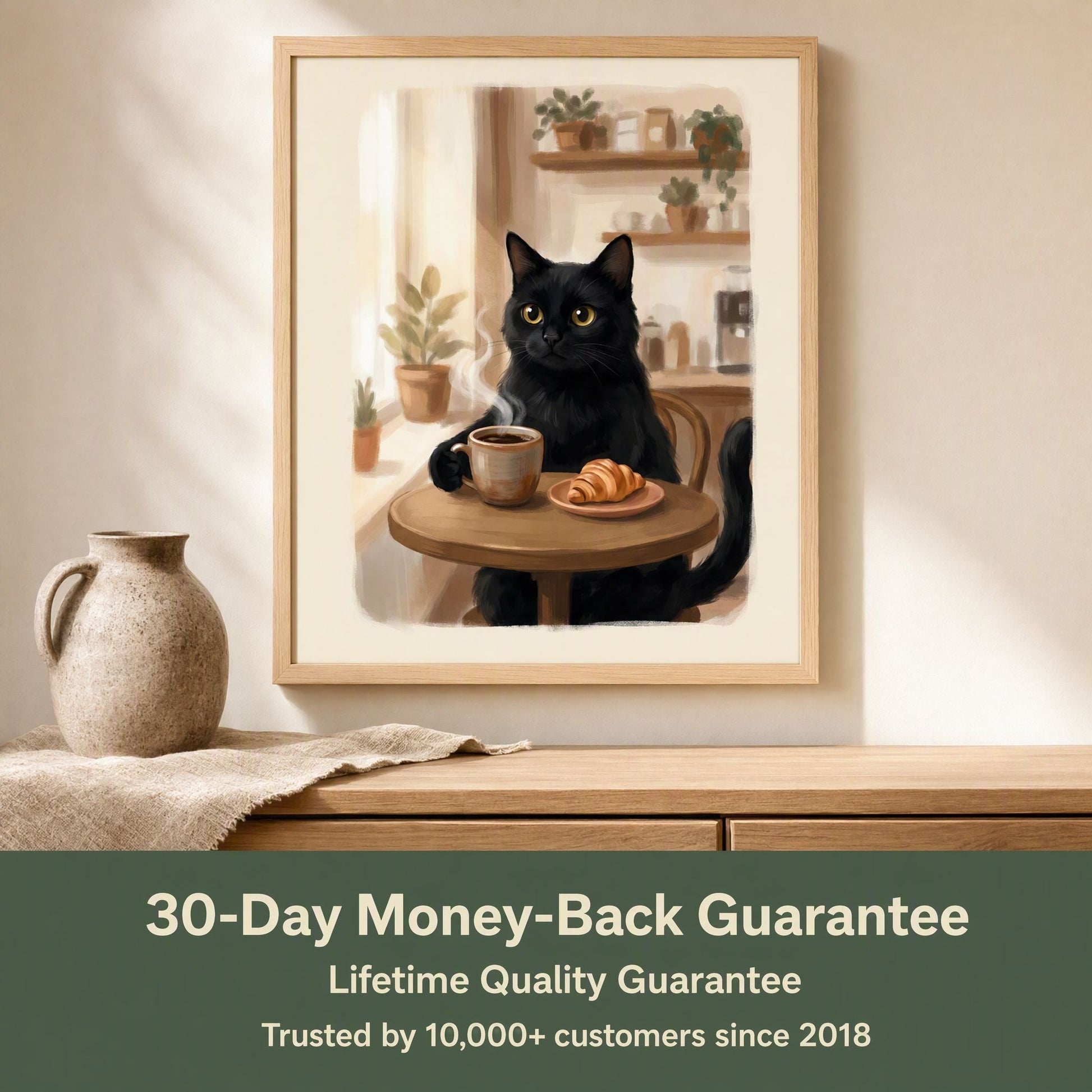 Framed coffee poster above an oak sideboard with a stoneware jug and a linen throw in soft daylight