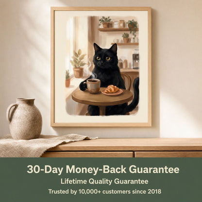 Framed coffee poster above an oak sideboard with a stoneware jug and a linen throw in soft daylight