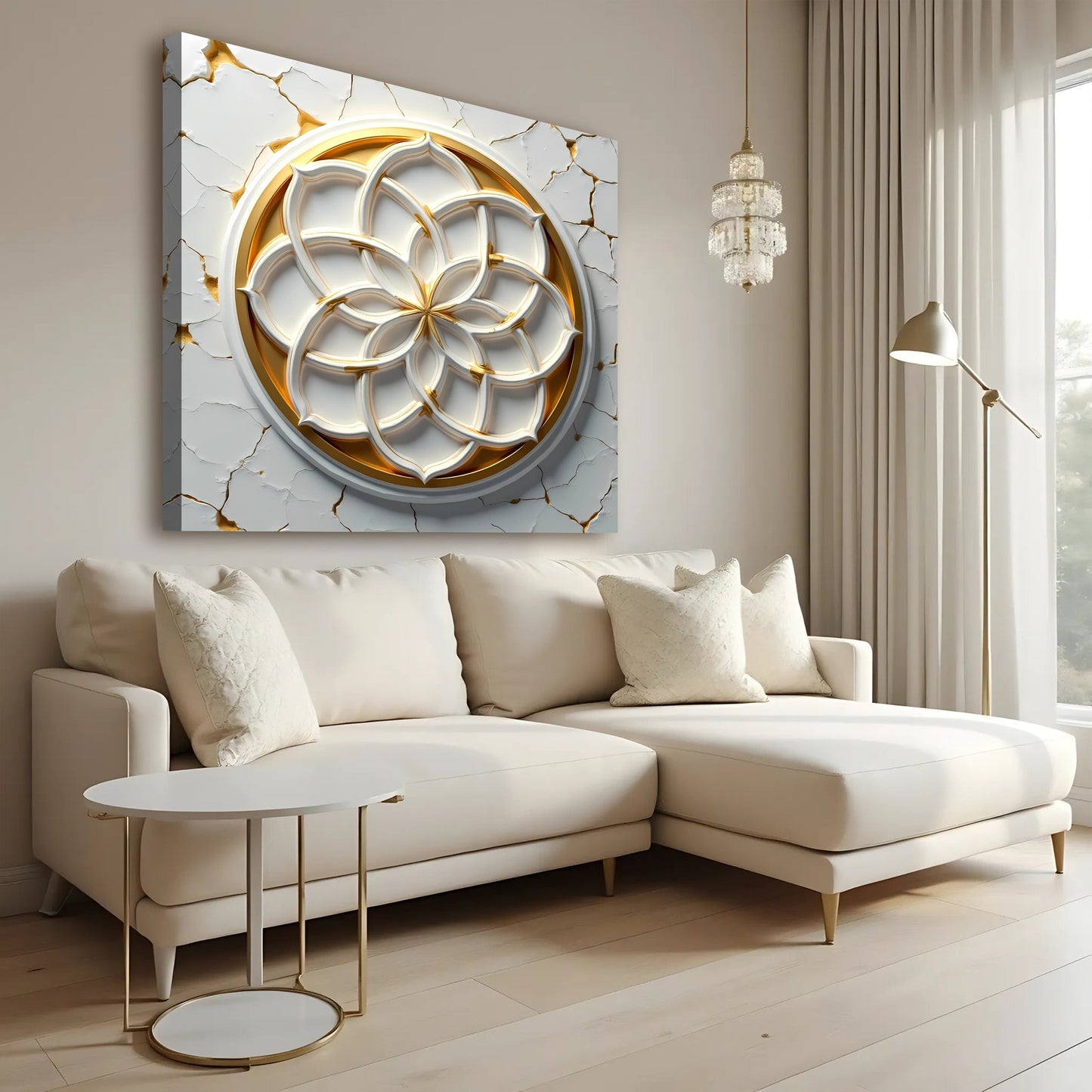 Flower of Life sacred geometry canvas wall art, neutral tones, gallery-wrapped, ready to hang