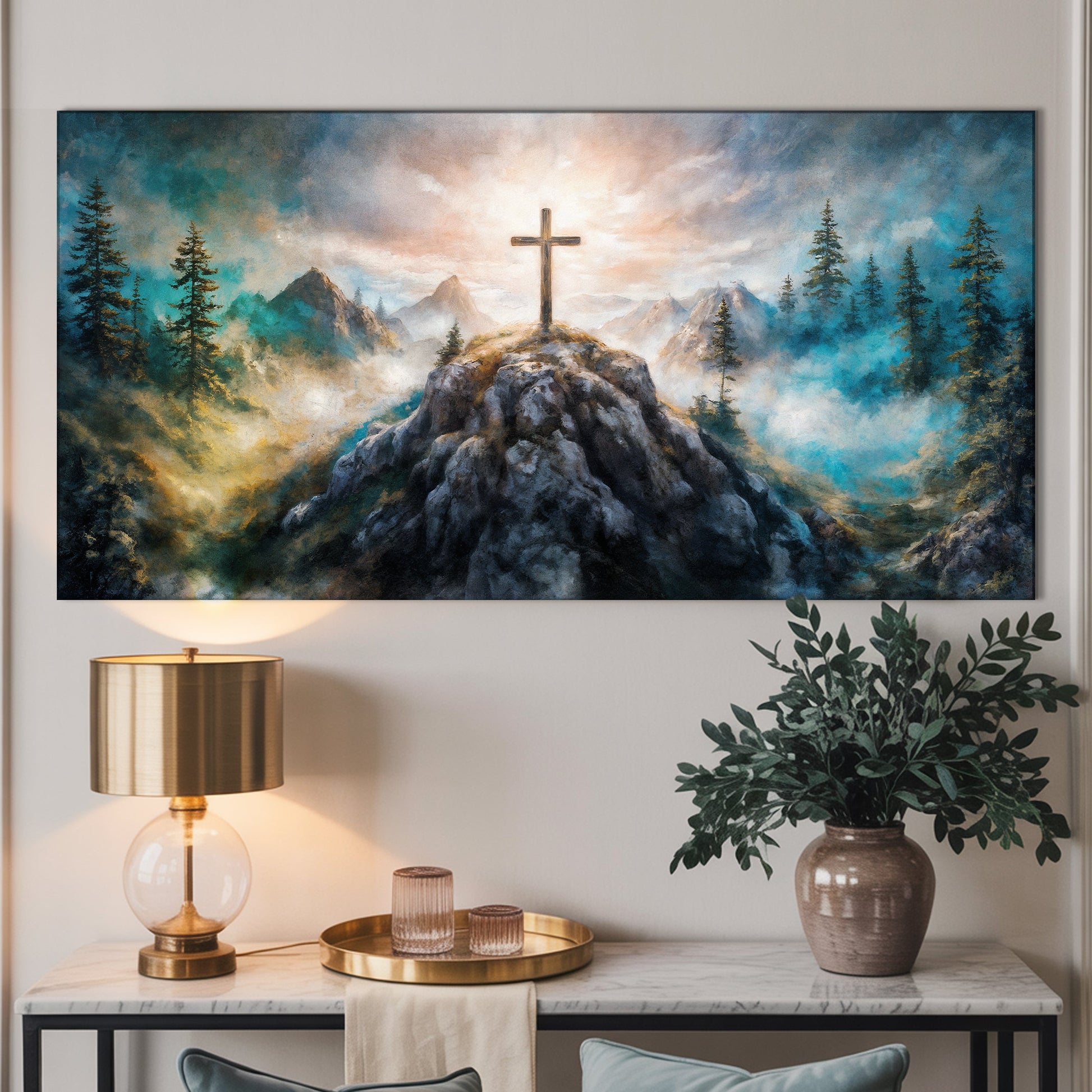 Cross on a hill faith canvas wall art Christian landscape religious decor