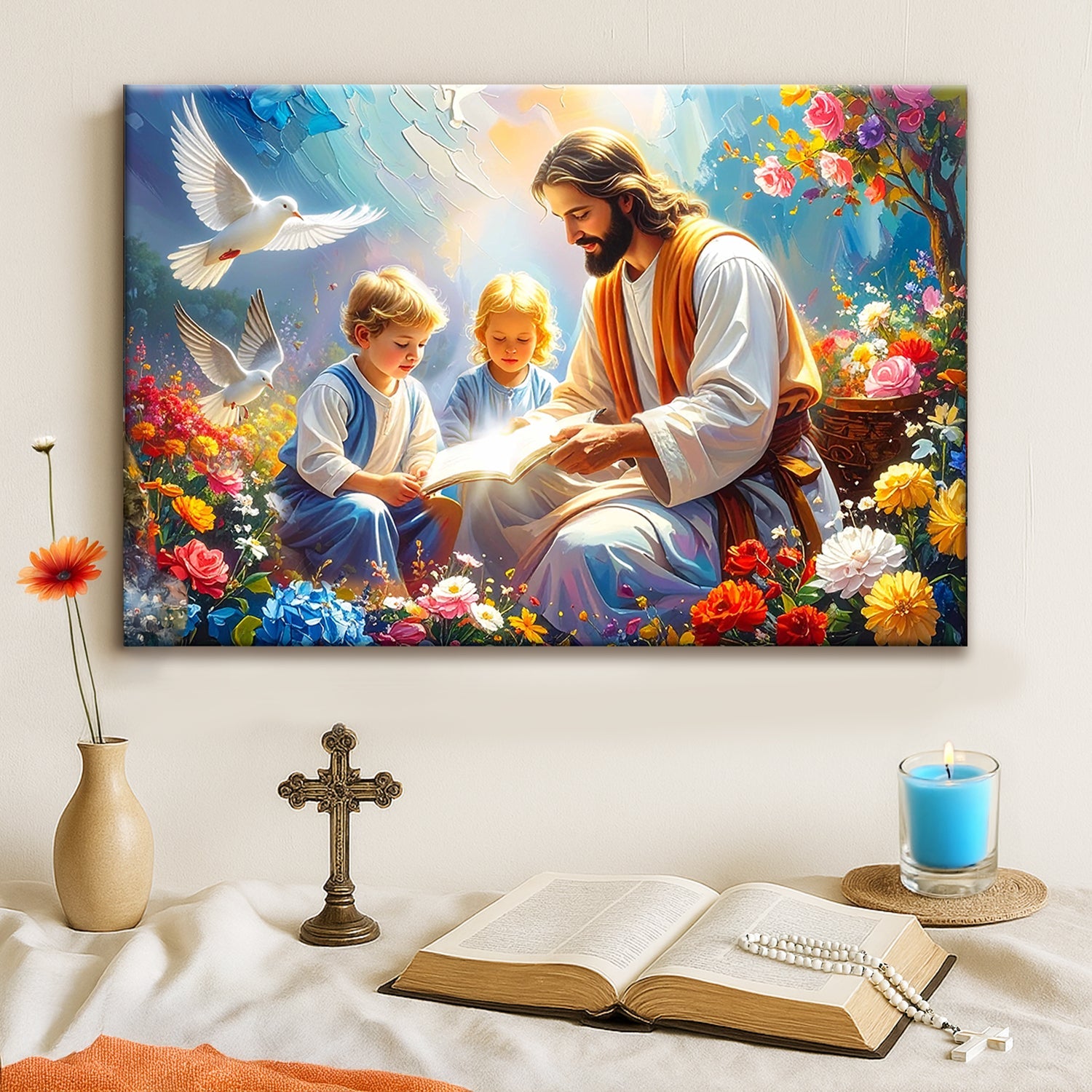 Jesus and children religious canvas wall art - gallery wrapped premium canvas