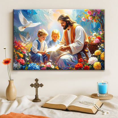Jesus reading to children beside a white dove among bright flowers, canvas wall art