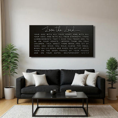 Deuteronomy 6:5-9 Love the Lord Black canvas shown in a styled room setting, view 5