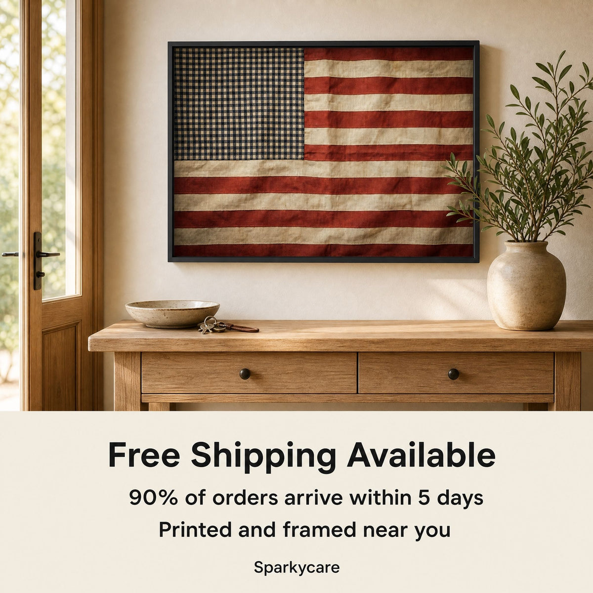 Vintage American flag print above an entryway console, with free shipping and delivery timing noted below