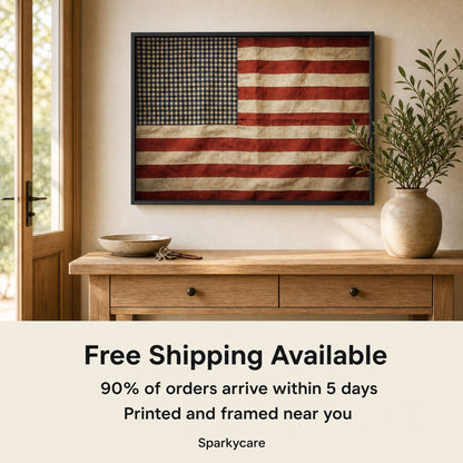 Vintage American flag print above an entryway console, with free shipping and delivery timing noted below
