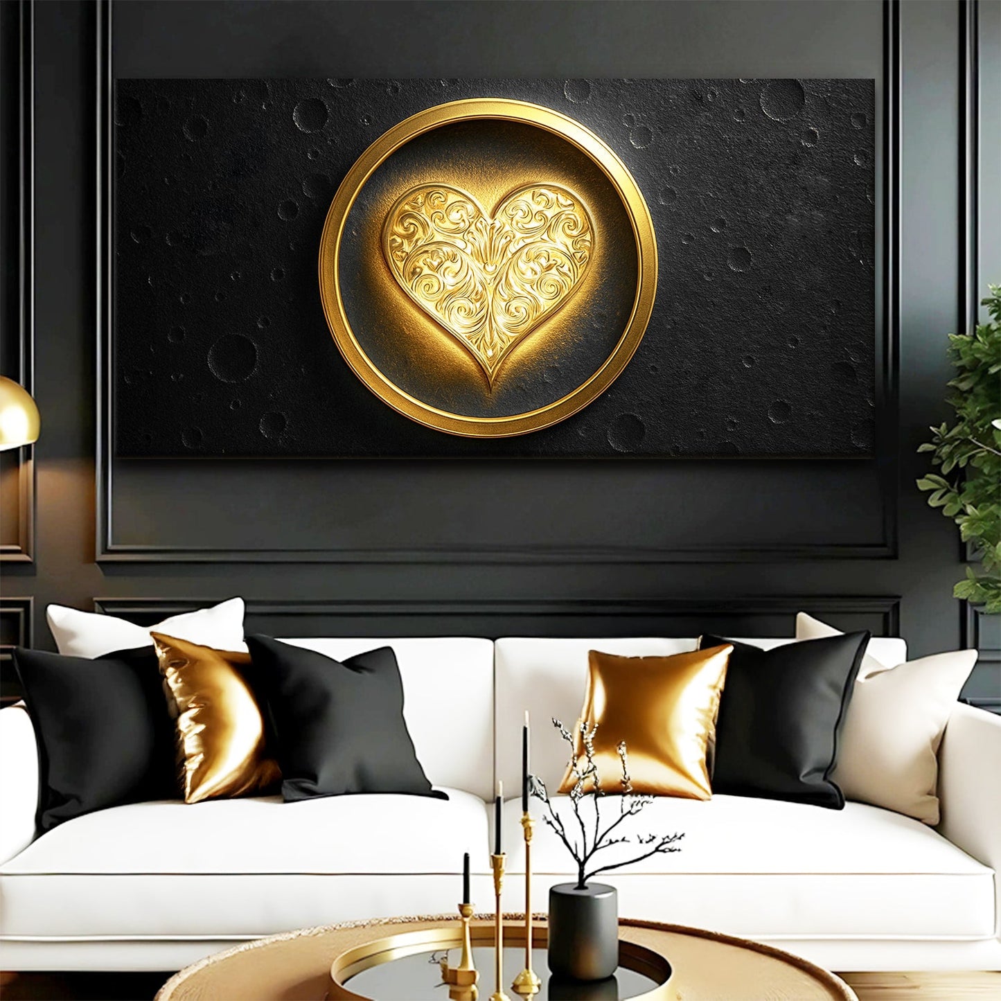 Heart eclipse abstract canvas wall art with modern geometric heart and eclipse composition on gallery-wrapped canvas
